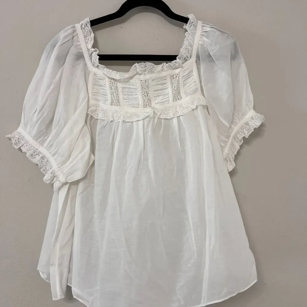 Doen Women's White Lace-Detailed Puff-Sleeve Blouse Large - Retail $503.00